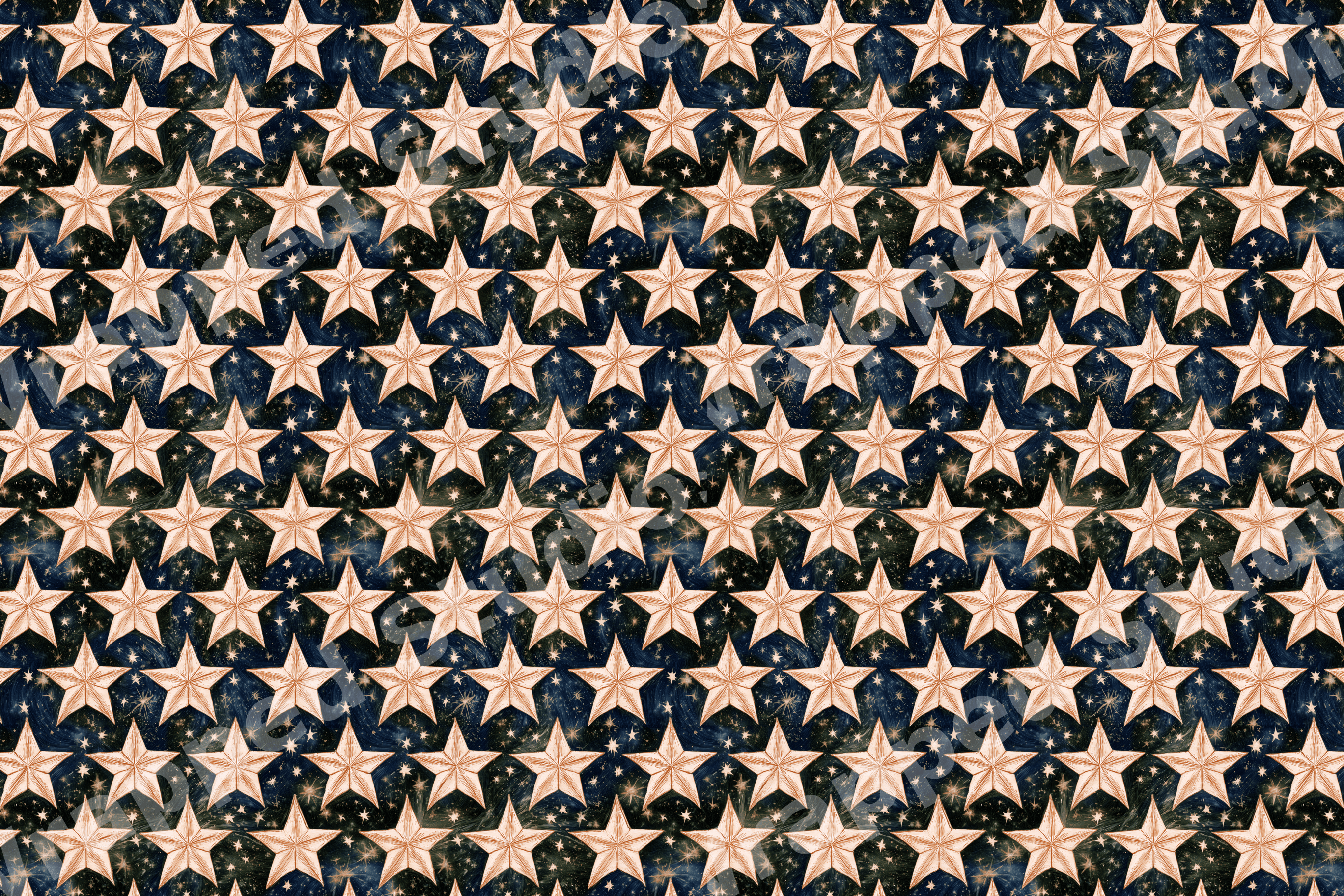 Vintage celestial star pattern with rustic cream stars on a dark navy blue night sky.