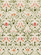 Vintage botanical floral pattern with delicate pink and peach blossoms and elegant sage green foliage.