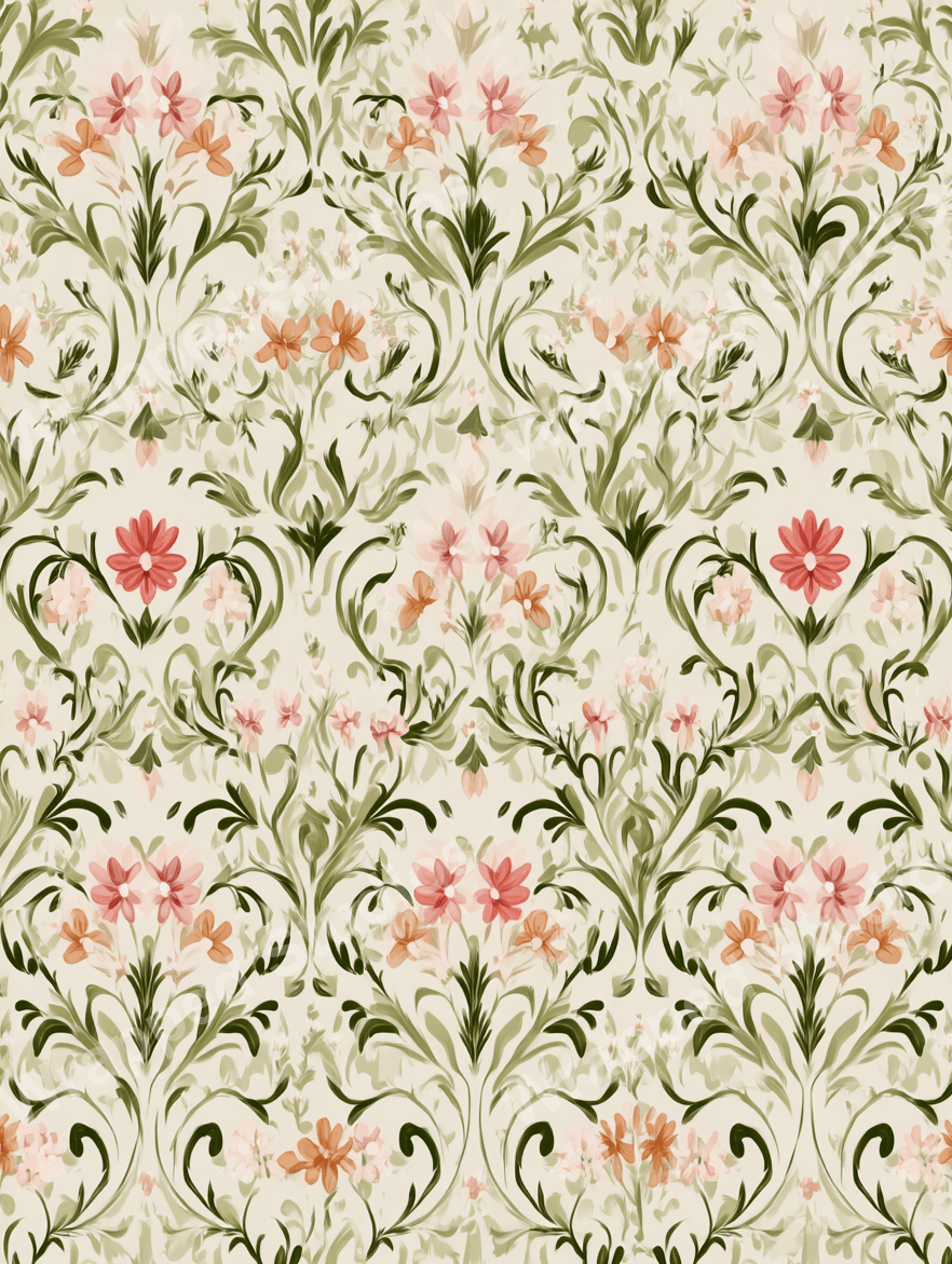 Vintage botanical floral pattern with delicate pink and peach blossoms and elegant sage green foliage.