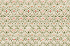 Vintage botanical pattern with coral and peach flowers, green leaves, and delicate scrollwork on a light background.