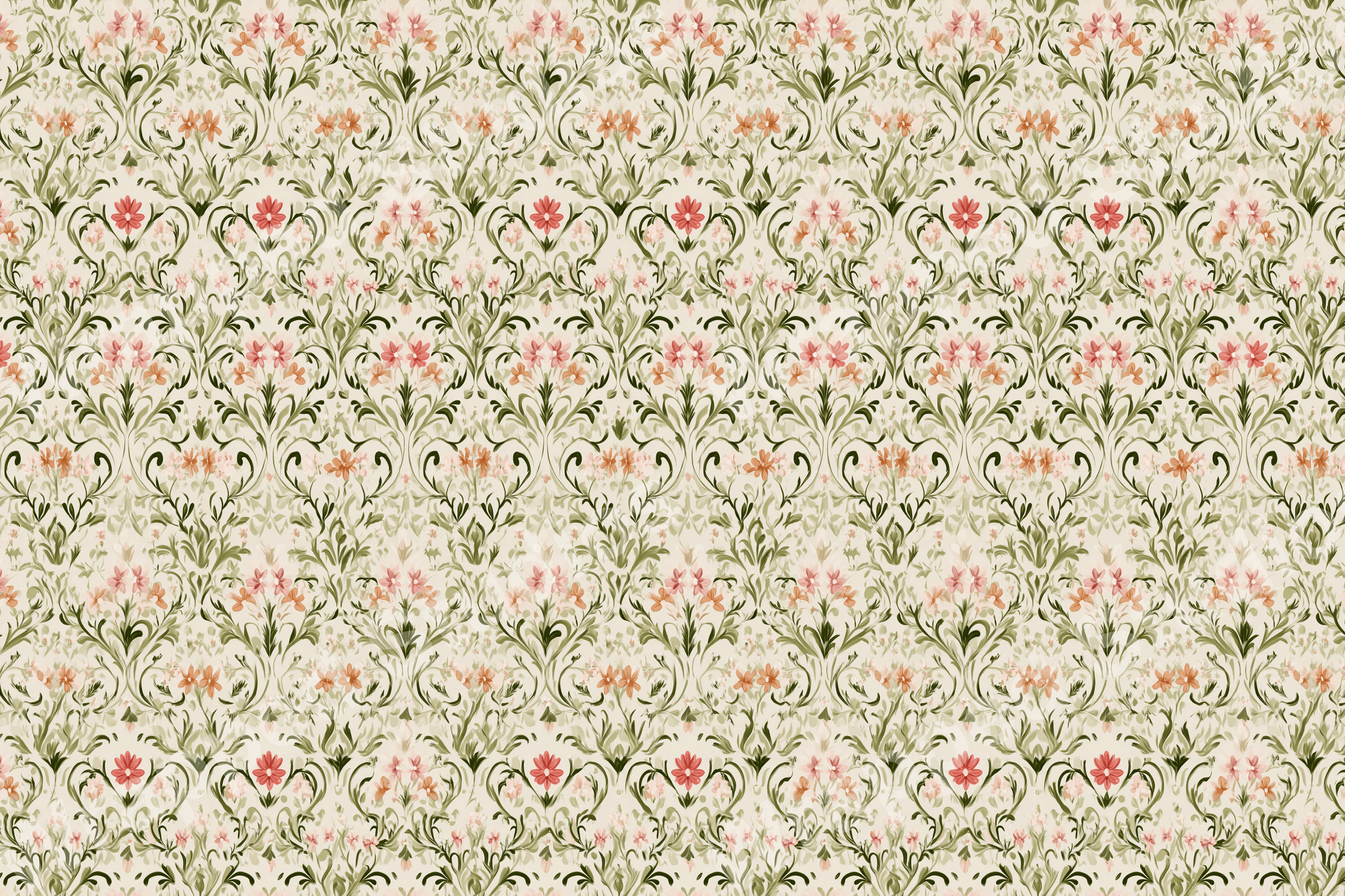 Vintage botanical pattern with coral and peach flowers, green leaves, and delicate scrollwork on a light background.