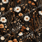 Moody vintage botanical pattern with white daisies and rust wildflowers on a black background.