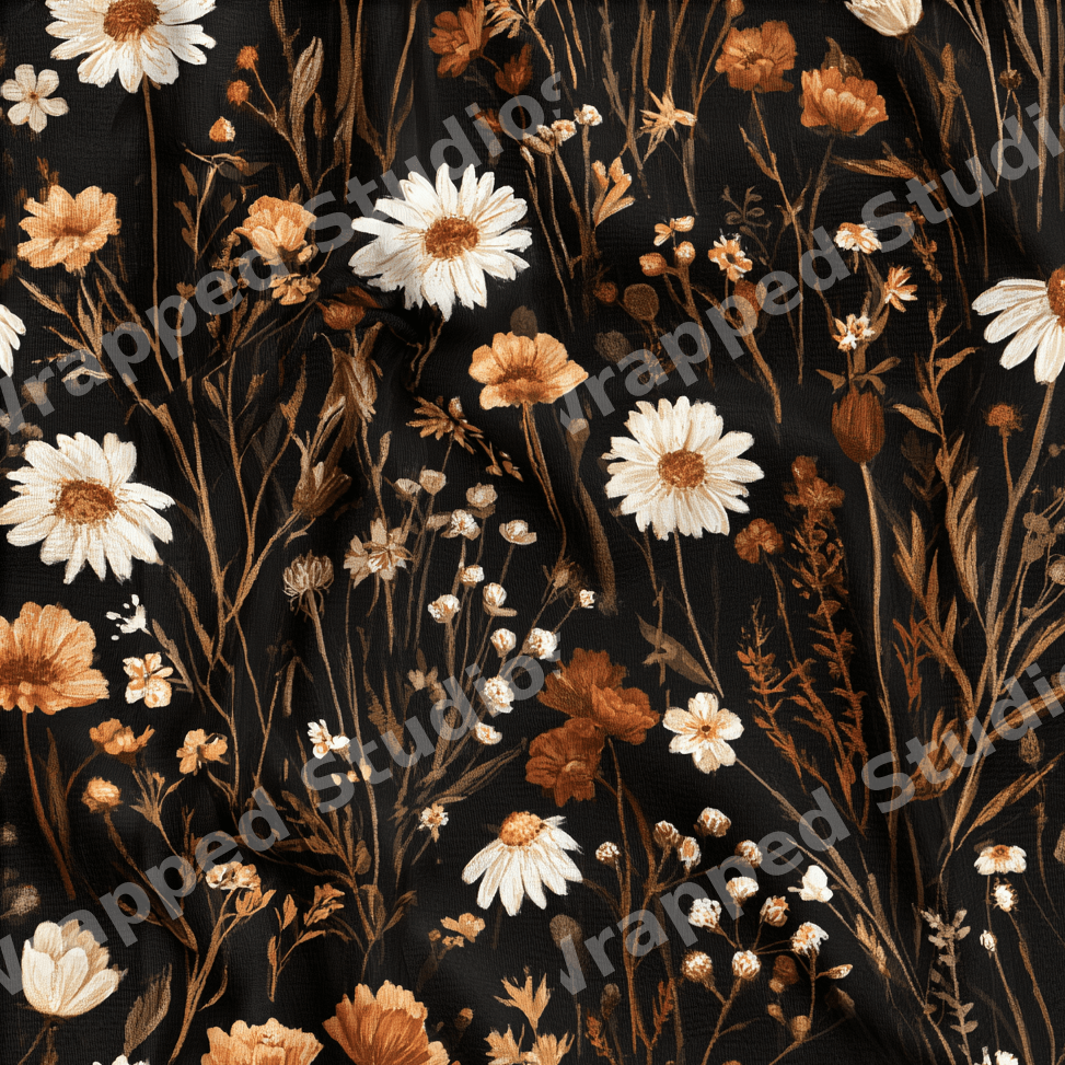 Moody vintage botanical pattern with white daisies and rust wildflowers on a black background.