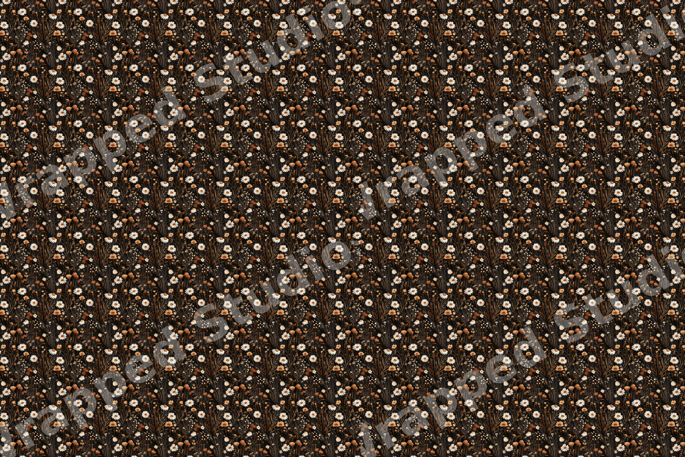 Vintage botanical design featuring a ditsy floral pattern of tiny white daisies and rust wildflowers on black.