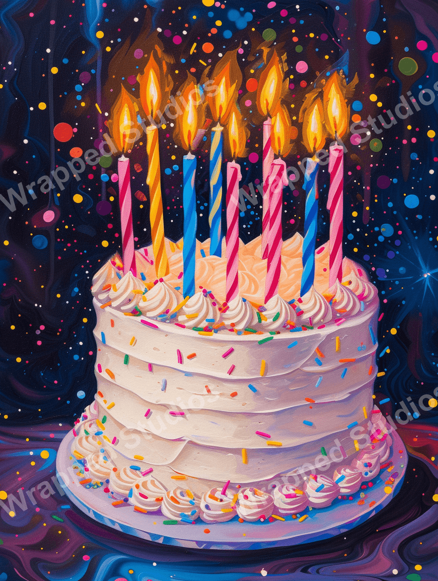 Celebratory confetti dot pattern in rainbow colors against a dark cosmic-like background.