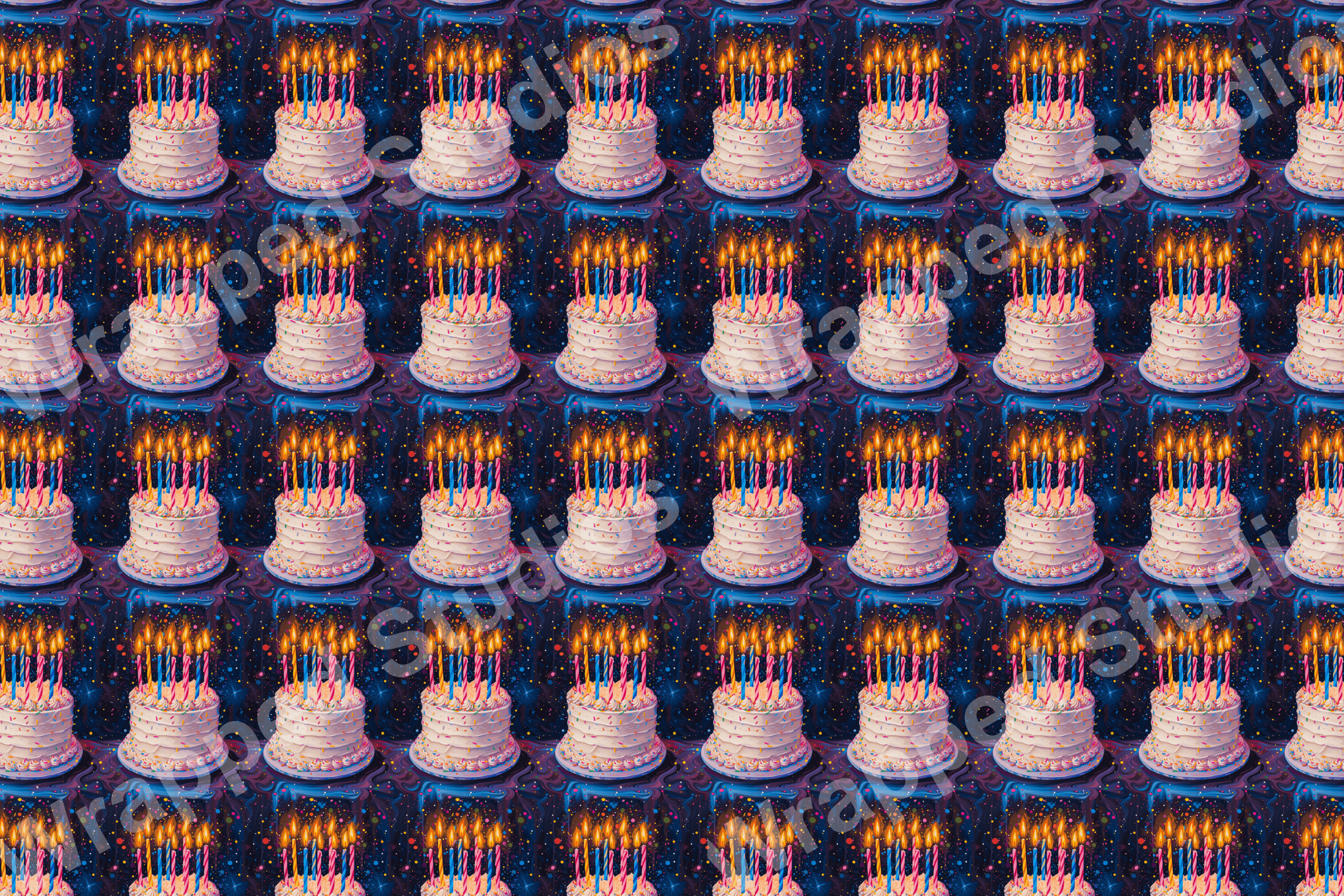 Repeating playful cake pattern with lit candles, confetti sprinkles, and a colorful galaxy background.