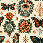 Vintage tattoo style floral pattern with butterflies, roses, and mystical eyes on a cream background.