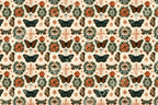 Vintage tattoo art pattern with dark butterflies, mystical eyes, and orange roses on a cream background.