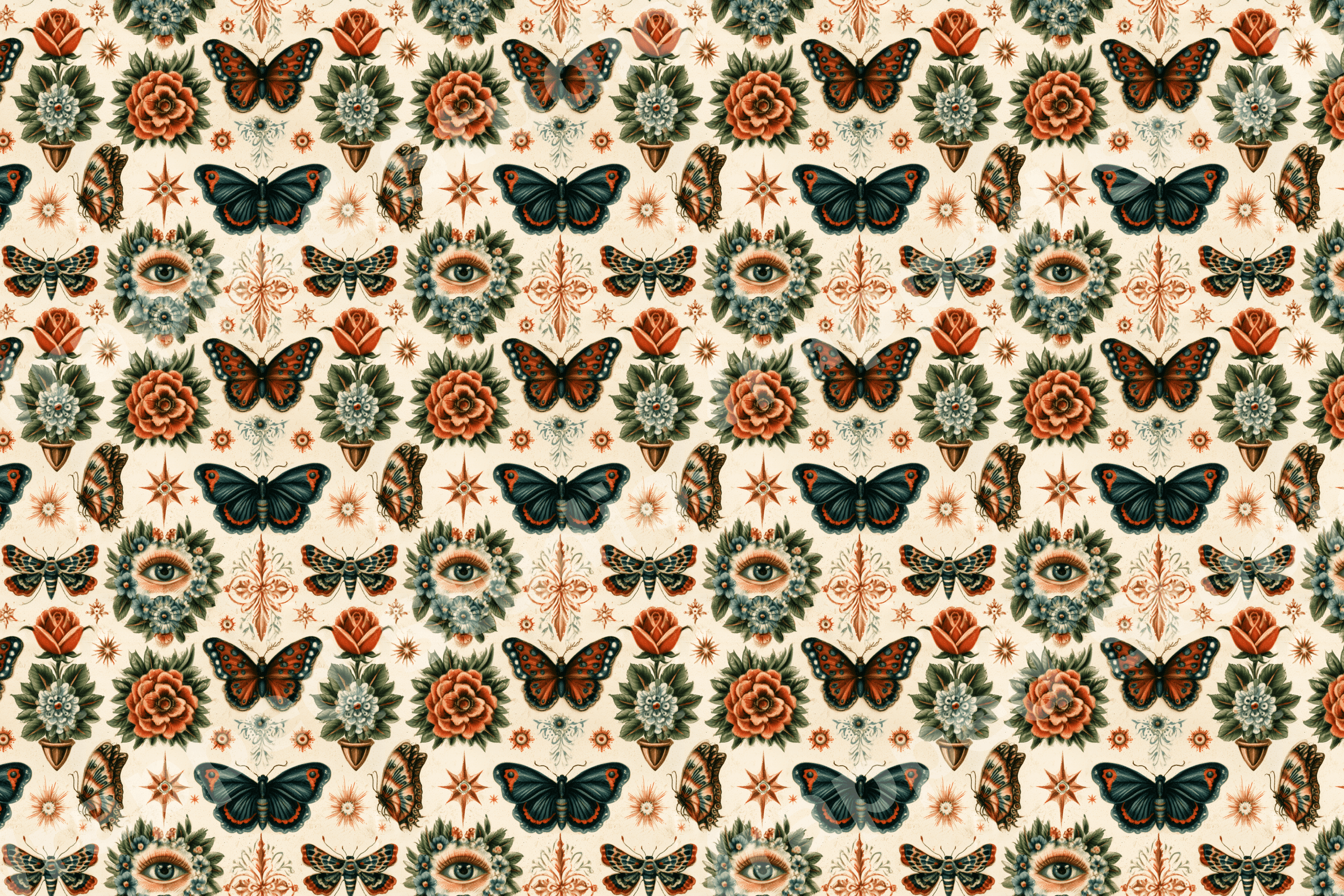 Vintage tattoo art pattern with dark butterflies, mystical eyes, and orange roses on a cream background.