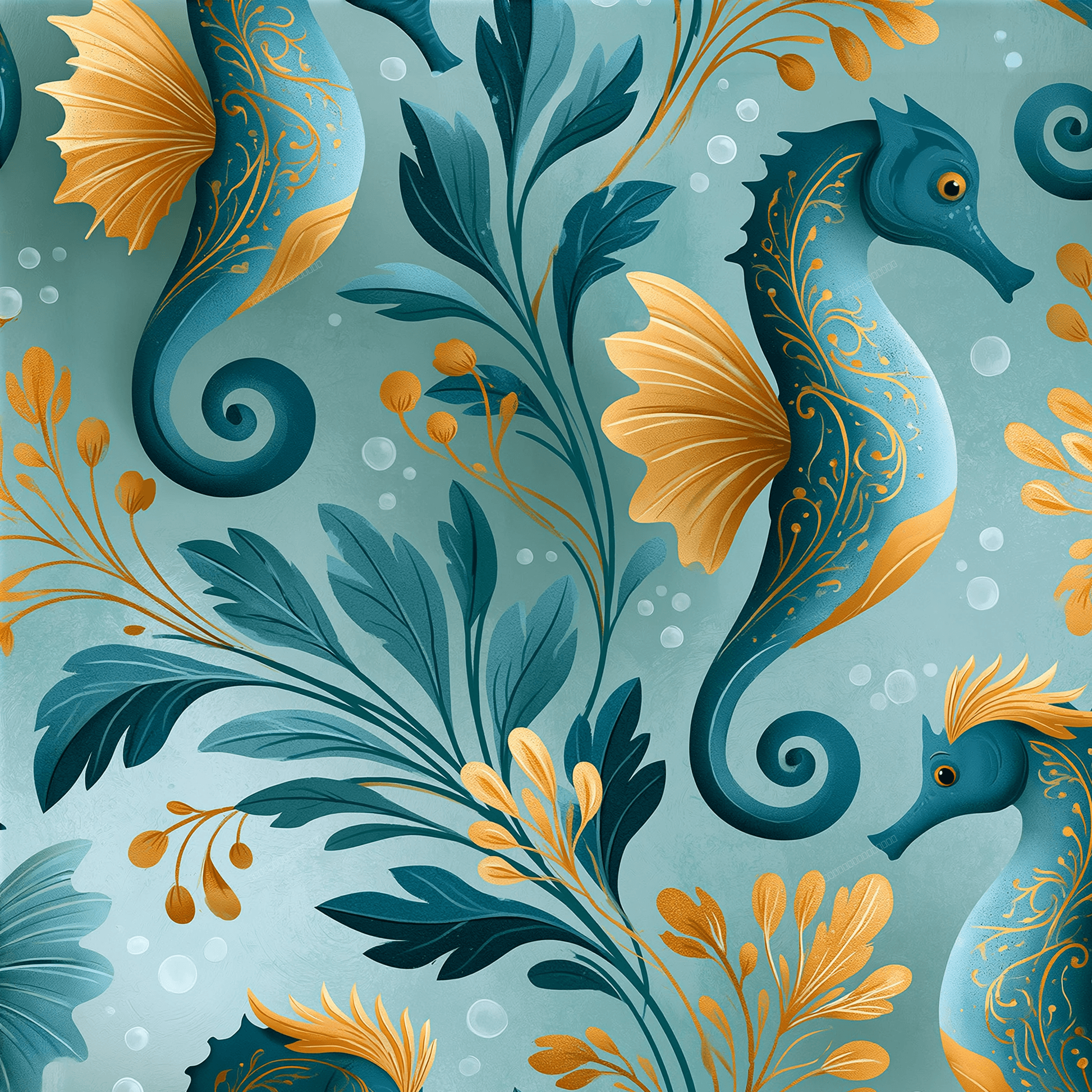 Elegant teal and gold seahorse pattern with vintage coastal botanical illustrations.