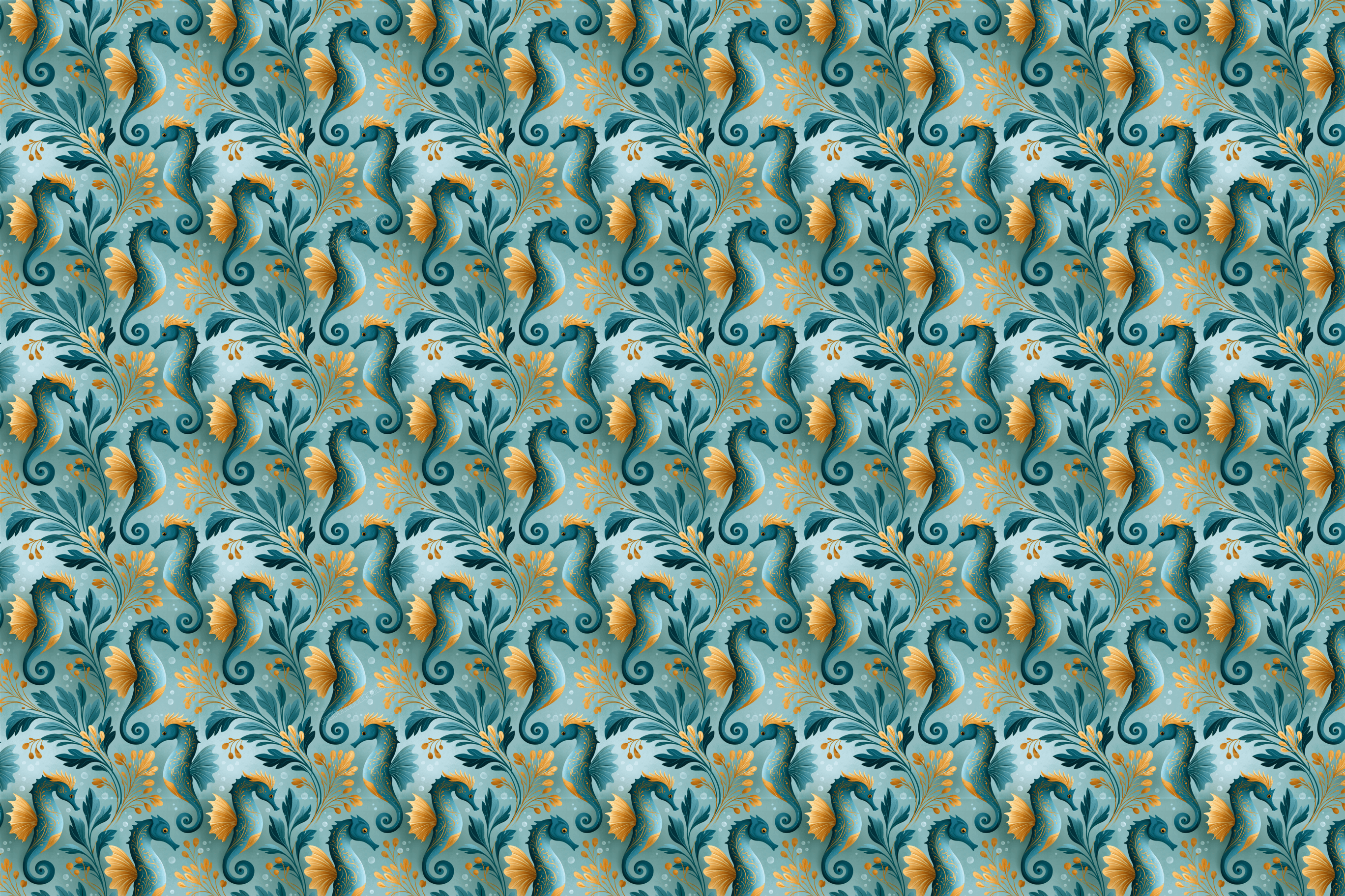 Ornate teal and gold seahorse pattern with elegant vintage coastal botanical seaweed.