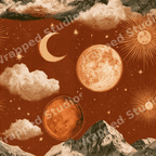 Mystical celestial pattern featuring vintage moons, suns, and mountains in terracotta and cream.