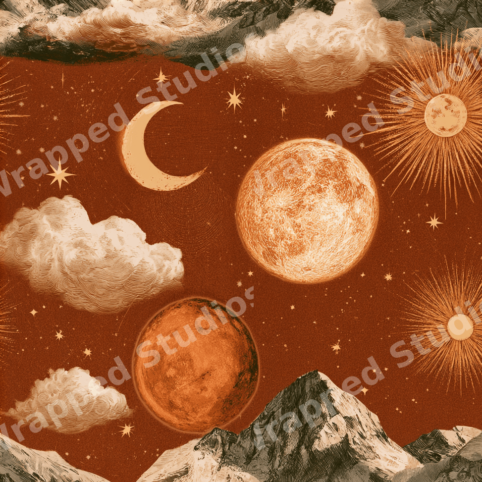 Mystical celestial pattern featuring vintage moons, suns, and mountains in terracotta and cream.