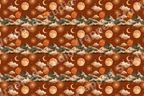 Vintage celestial pattern with mountains, moons, and stars on a terracotta background.