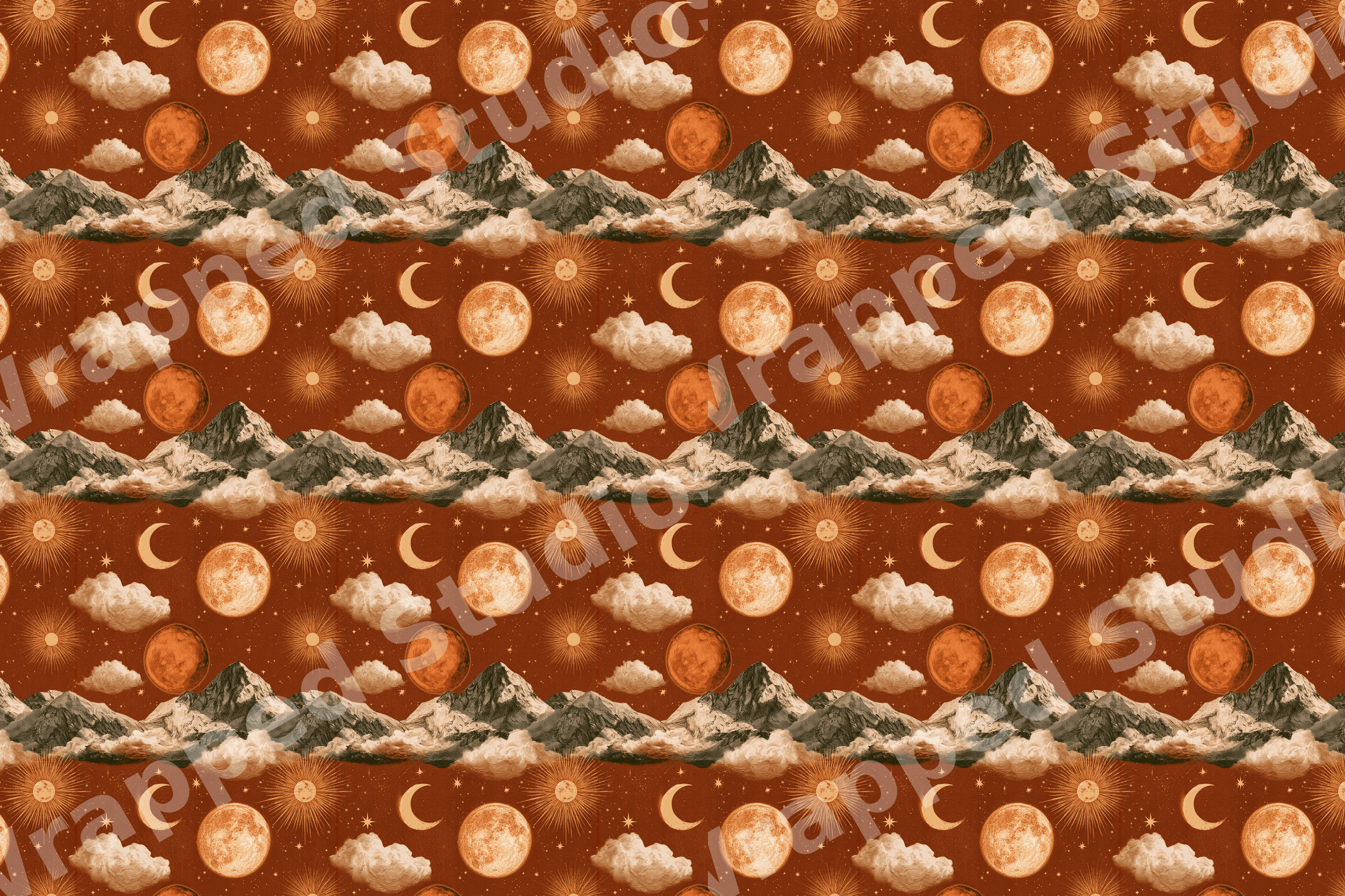 Vintage celestial pattern with mountains, moons, and stars on a terracotta background.