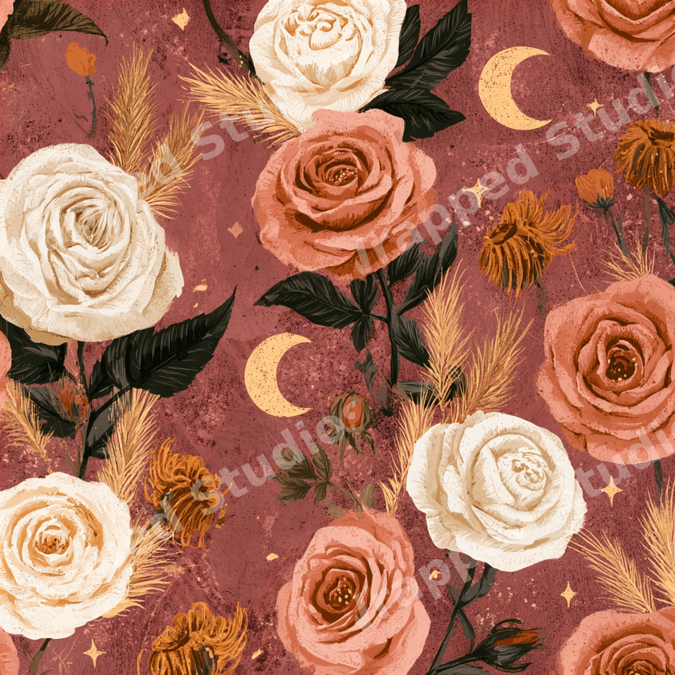 Celestial boho floral pattern featuring terracotta and cream roses, dried pampas grass, and gold crescent moons.