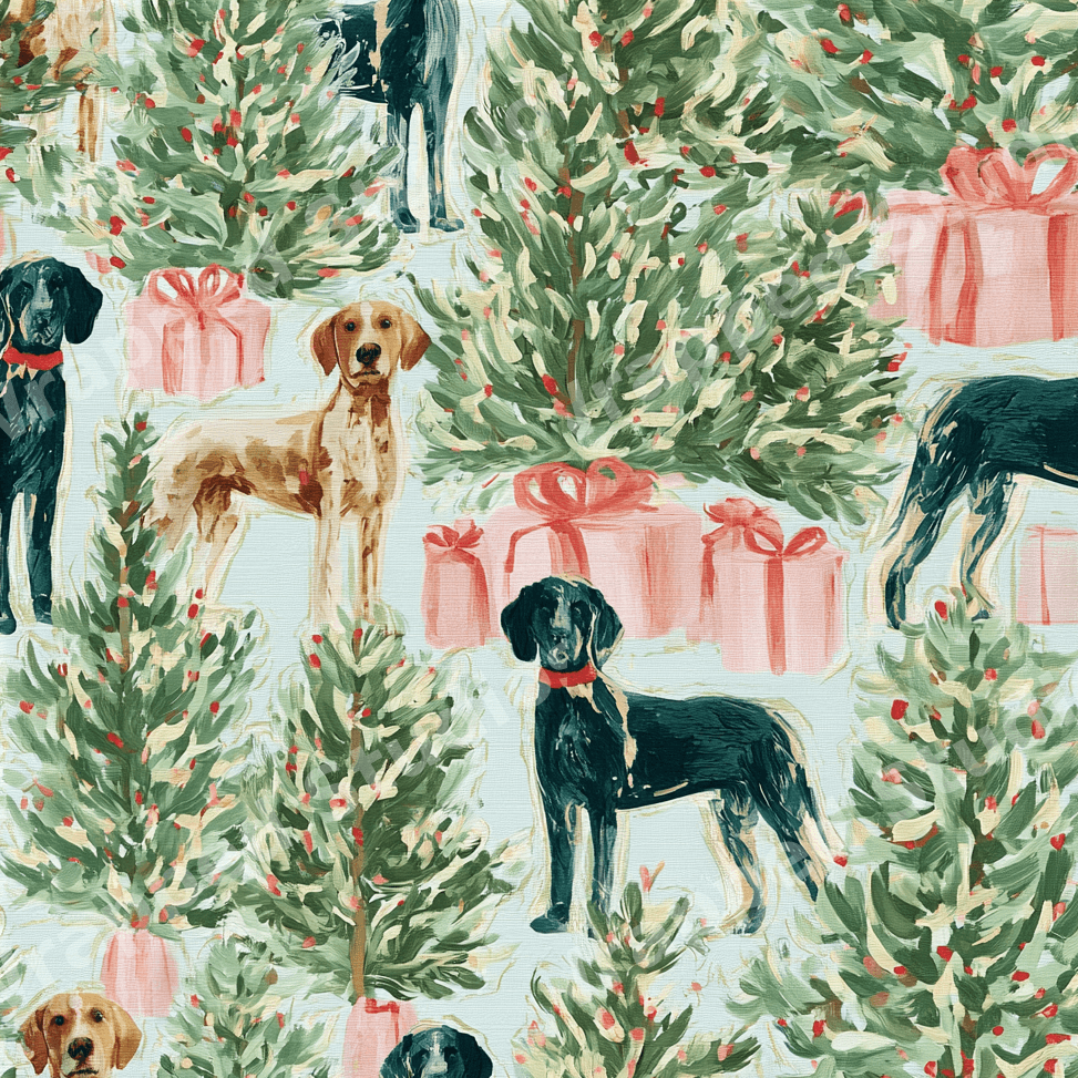 Whimsical Christmas dog pattern with painted retrievers and holiday trees on a light blue background.