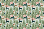 Watercolor Christmas dog pattern featuring black and golden retrievers, pine trees, and pink gifts on light blue.