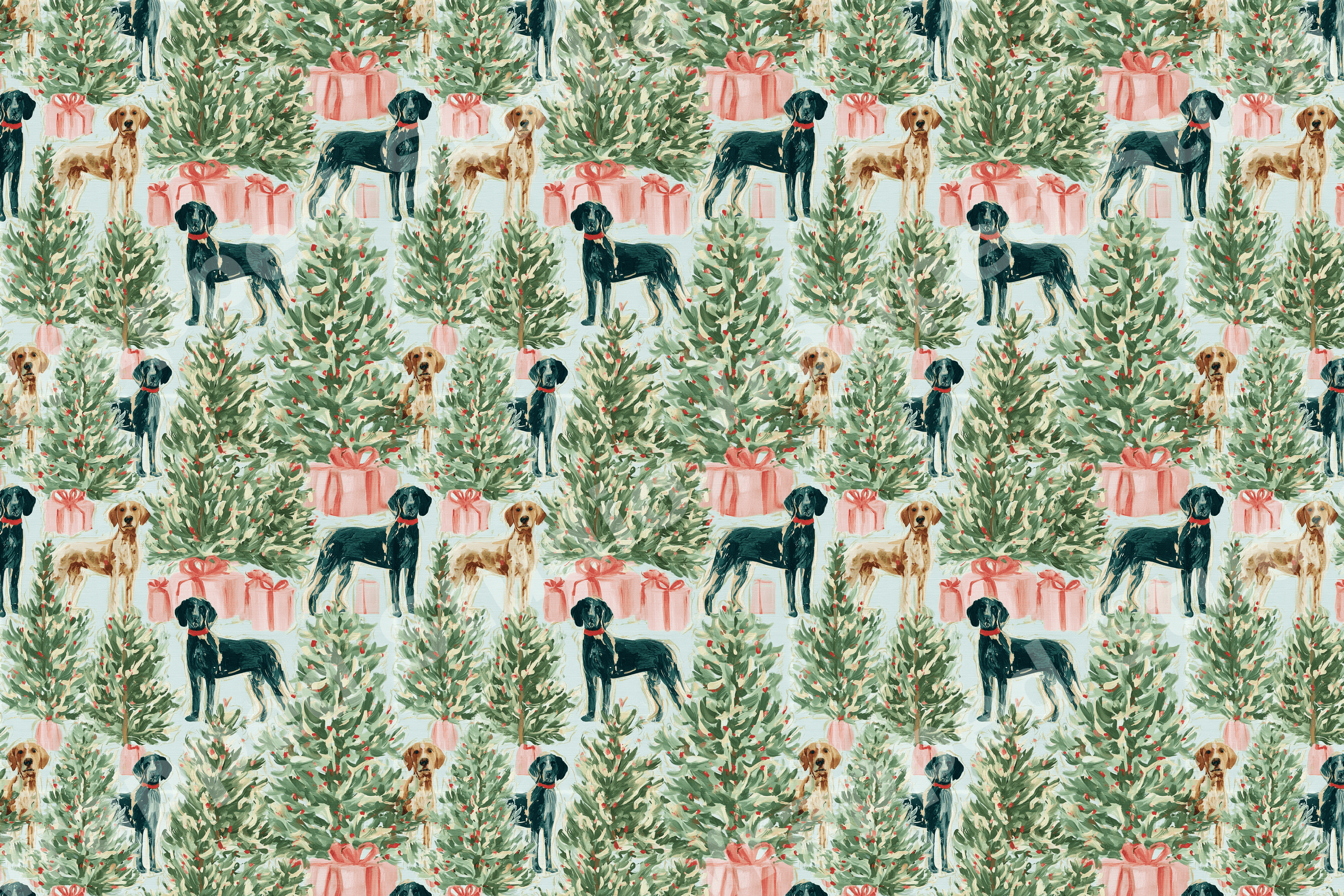 Watercolor Christmas dog pattern featuring black and golden retrievers, pine trees, and pink gifts on light blue.
