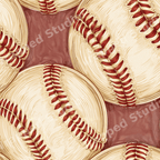 Vintage baseball seamless pattern featuring hand-drawn cream balls with red stitching on a brown background.