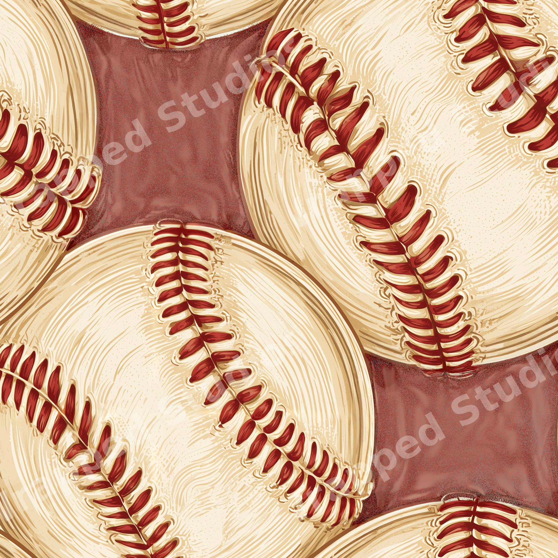 Vintage baseball seamless pattern featuring hand-drawn cream balls with red stitching on a brown background.