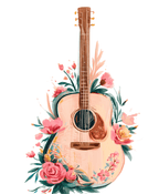 Watercolor acoustic guitar floral design featuring pink roses and green leaves in a boho cottagecore style.