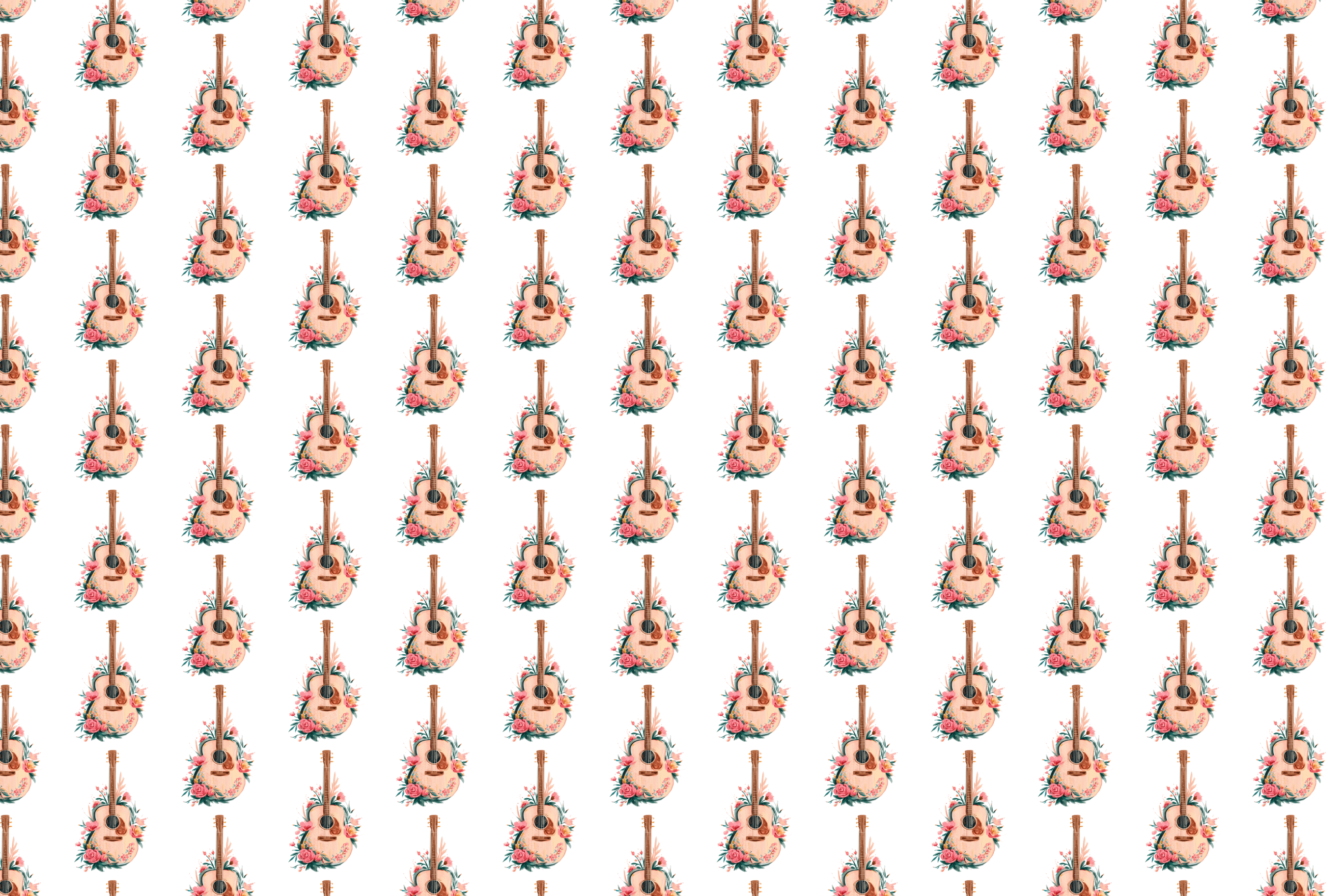 Seamless boho floral pattern featuring watercolor acoustic guitars and pink roses on a white background.