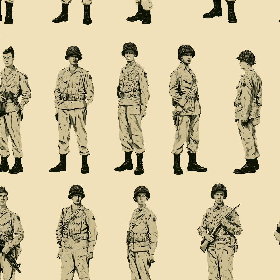 Vintage military pattern with hand-drawn WWII soldier illustrations on a cream background.