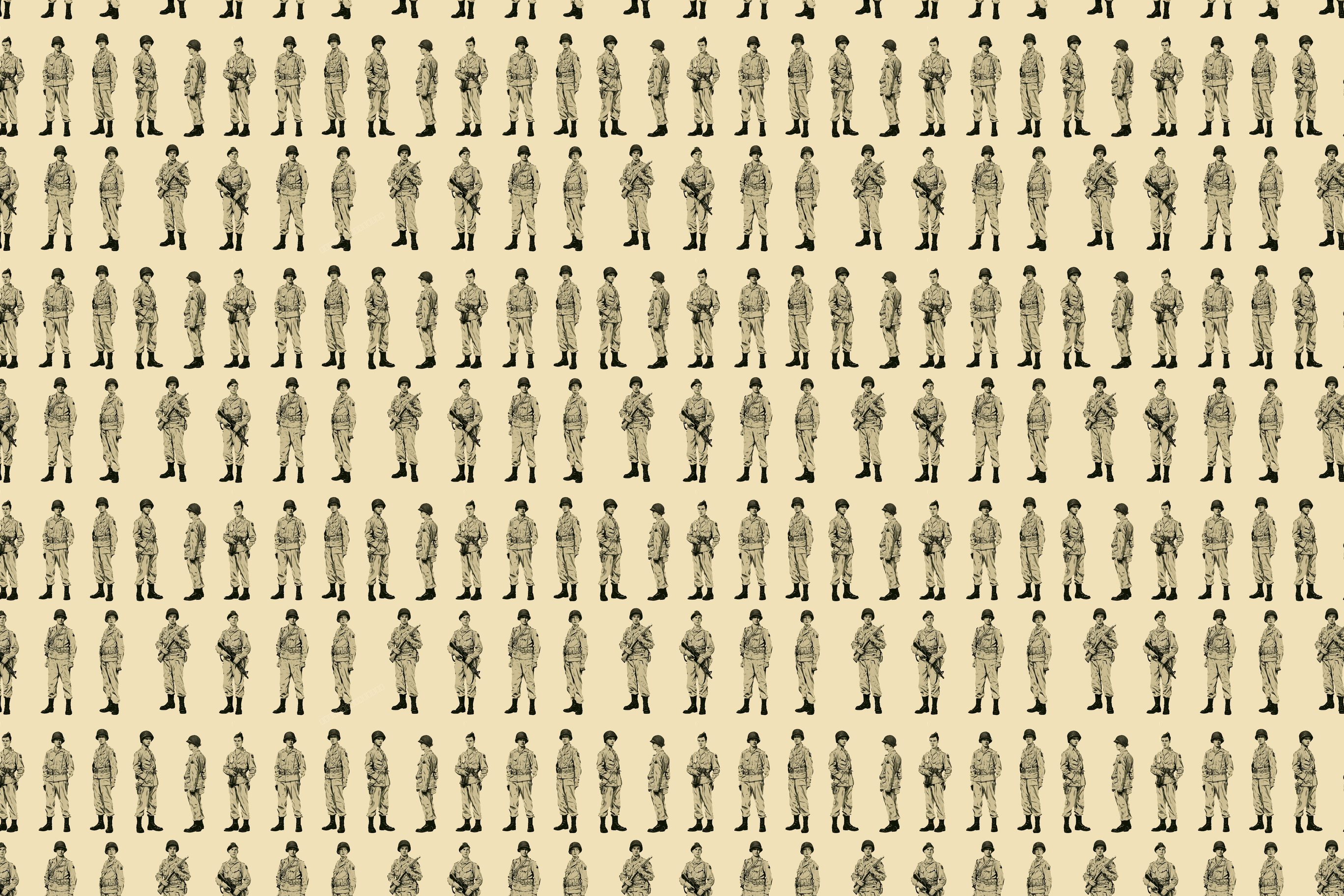 Vintage military army men pattern featuring sketch-style soldier illustrations on a warm beige background.