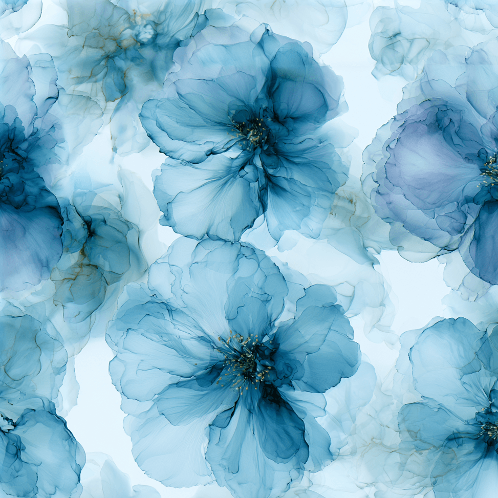 Elegant blue floral pattern with delicate, translucent alcohol ink watercolor flowers.