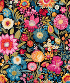 Vibrant floral pattern with pink, blue, orange, yellow, and red blossoms and green leaves on a black background.