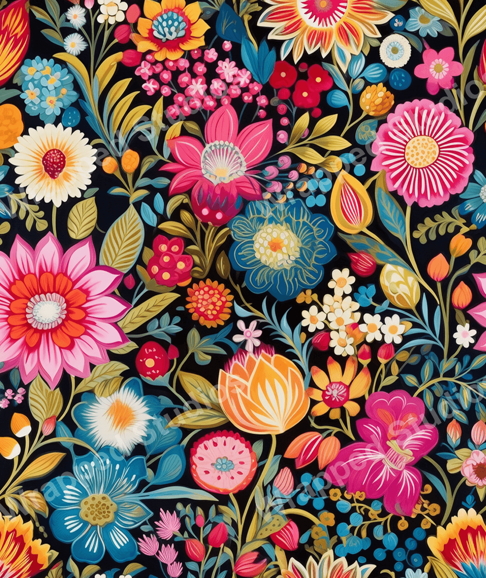 Vibrant floral pattern with pink, blue, orange, yellow, and red blossoms and green leaves on a black background.