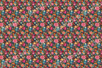 Detailed floral pattern with pink, blue, orange, and yellow flowers on a dark background.