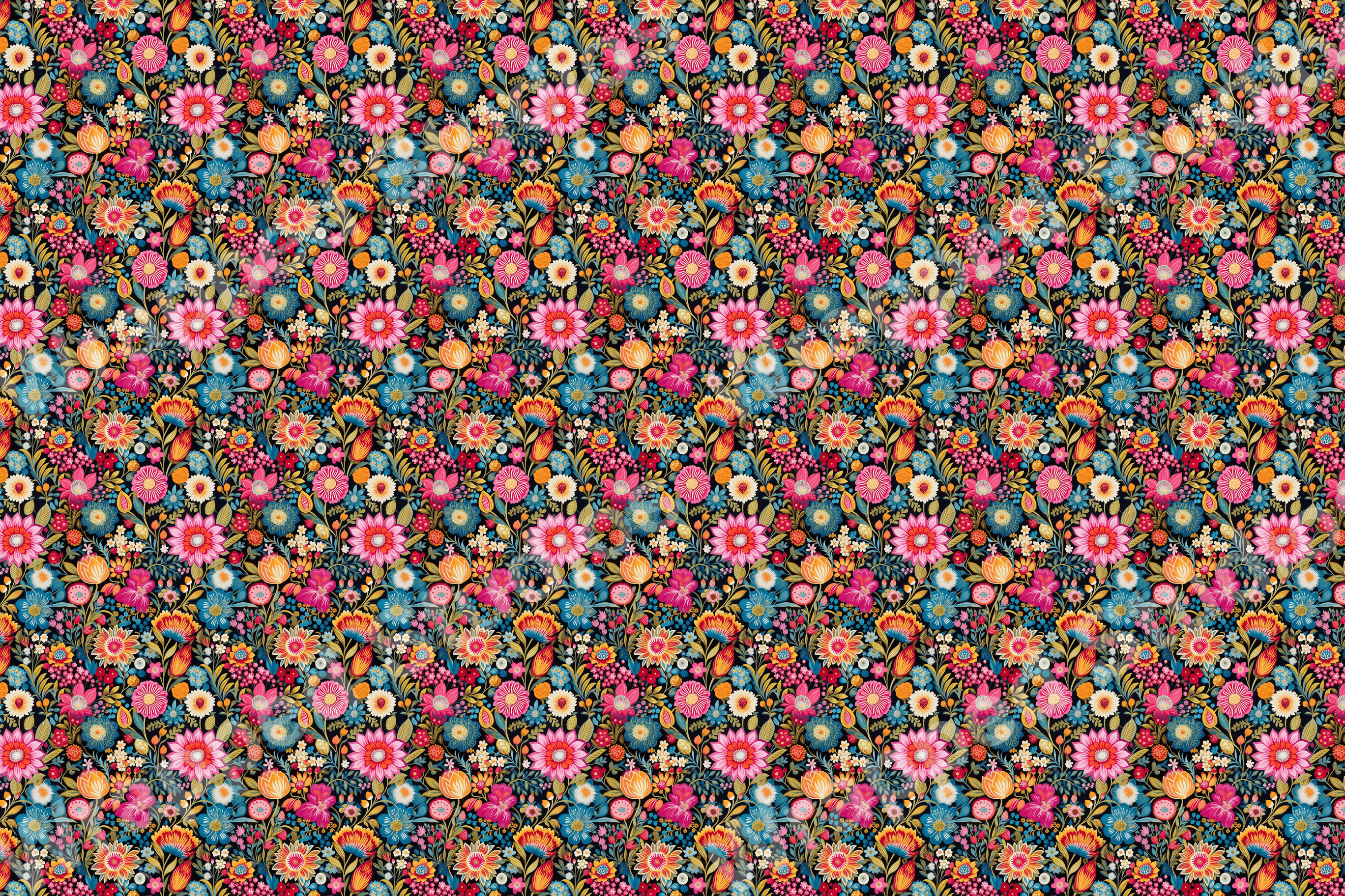 Detailed floral pattern with pink, blue, orange, and yellow flowers on a dark background.