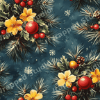 Vintage botanical Christmas floral pattern with pine branches, yellow flowers, and red berries on dark teal.