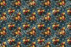 Vintage Christmas pattern with pine branches, red ornaments, and yellow flowers on a dark teal background.