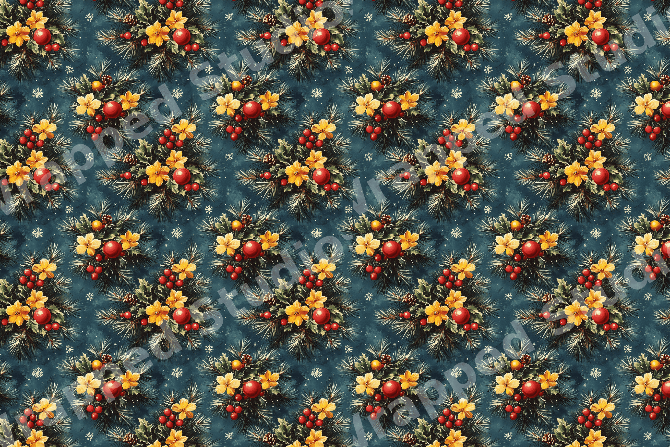 Vintage Christmas pattern with pine branches, red ornaments, and yellow flowers on a dark teal background.