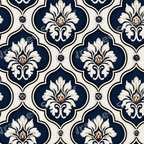 Vintage damask pattern in navy blue and cream with elegant floral ogee trellis motifs.