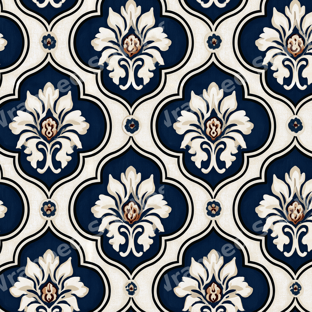 Vintage damask pattern in navy blue and cream with elegant floral ogee trellis motifs.