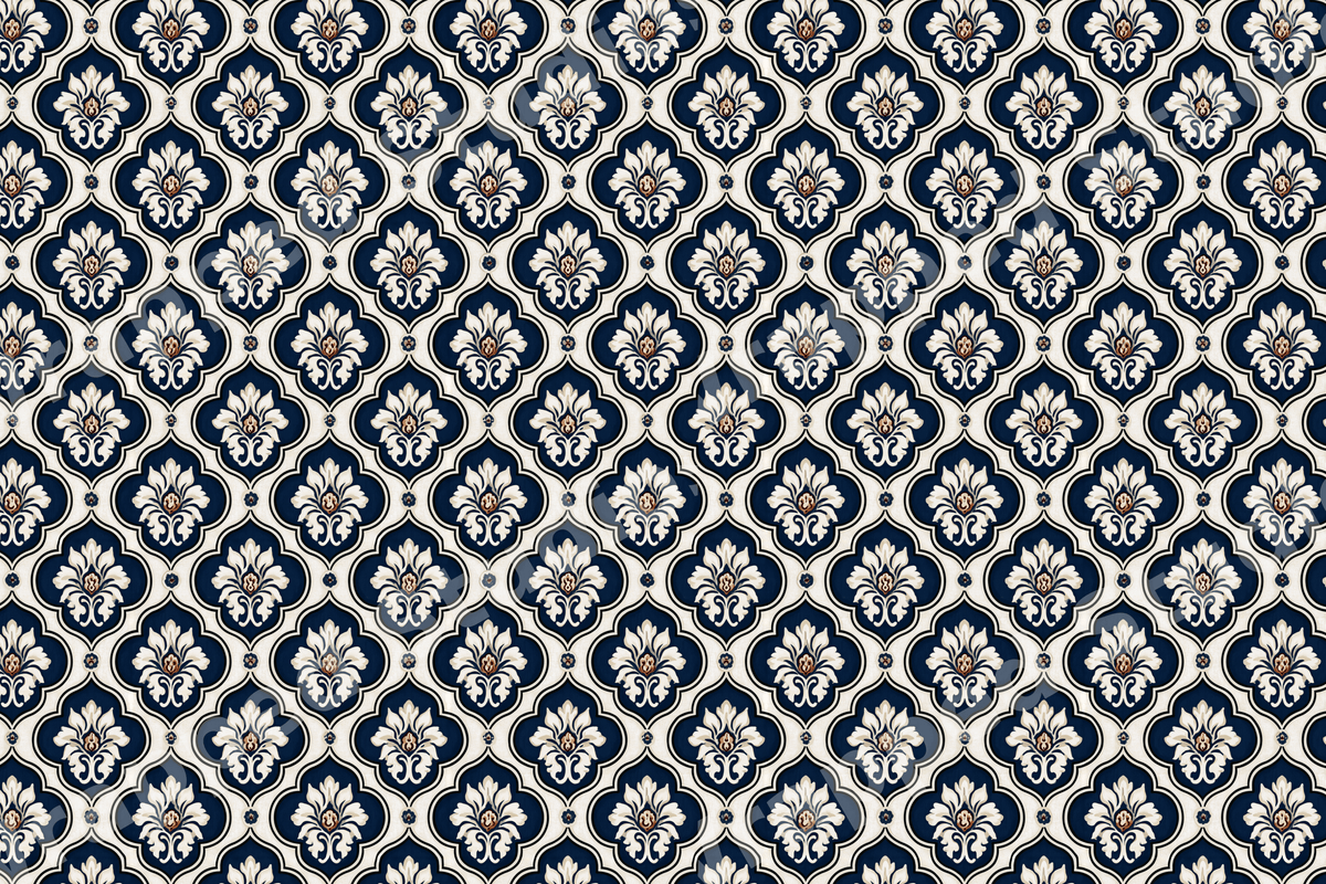 Elegant navy blue and cream damask pattern with vintage floral motifs in a classic ogee trellis design.