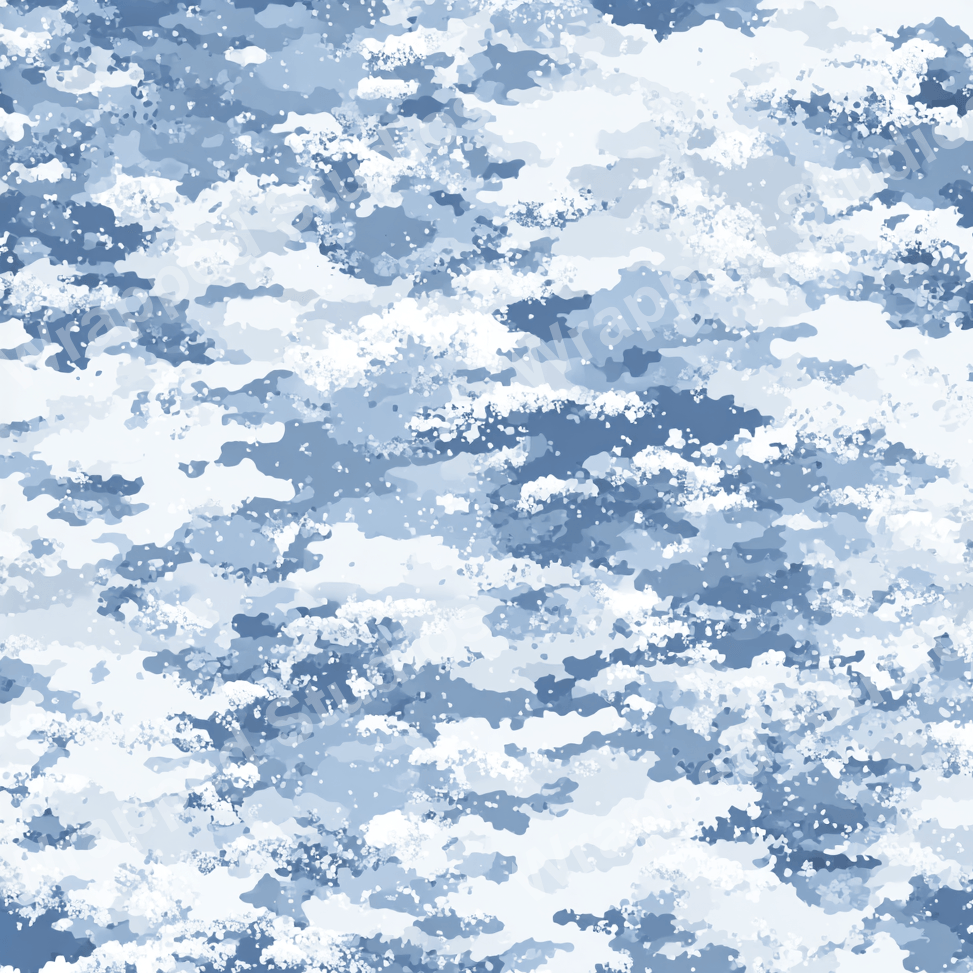 Abstract pattern design with mottled, cloud-like shapes in shades of white and blue.