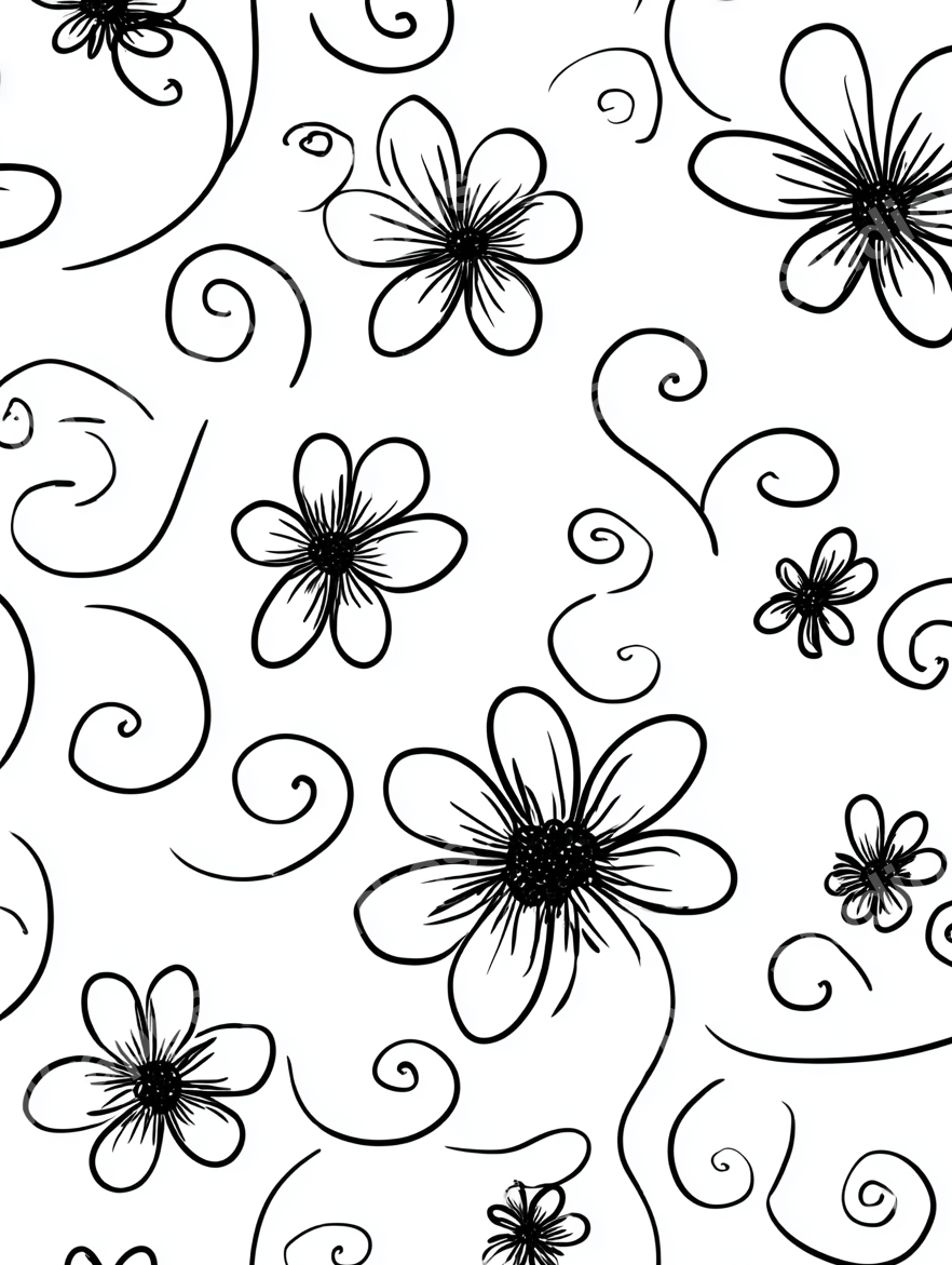 Minimalist black and white floral pattern with whimsical hand-drawn flowers and curling vines.