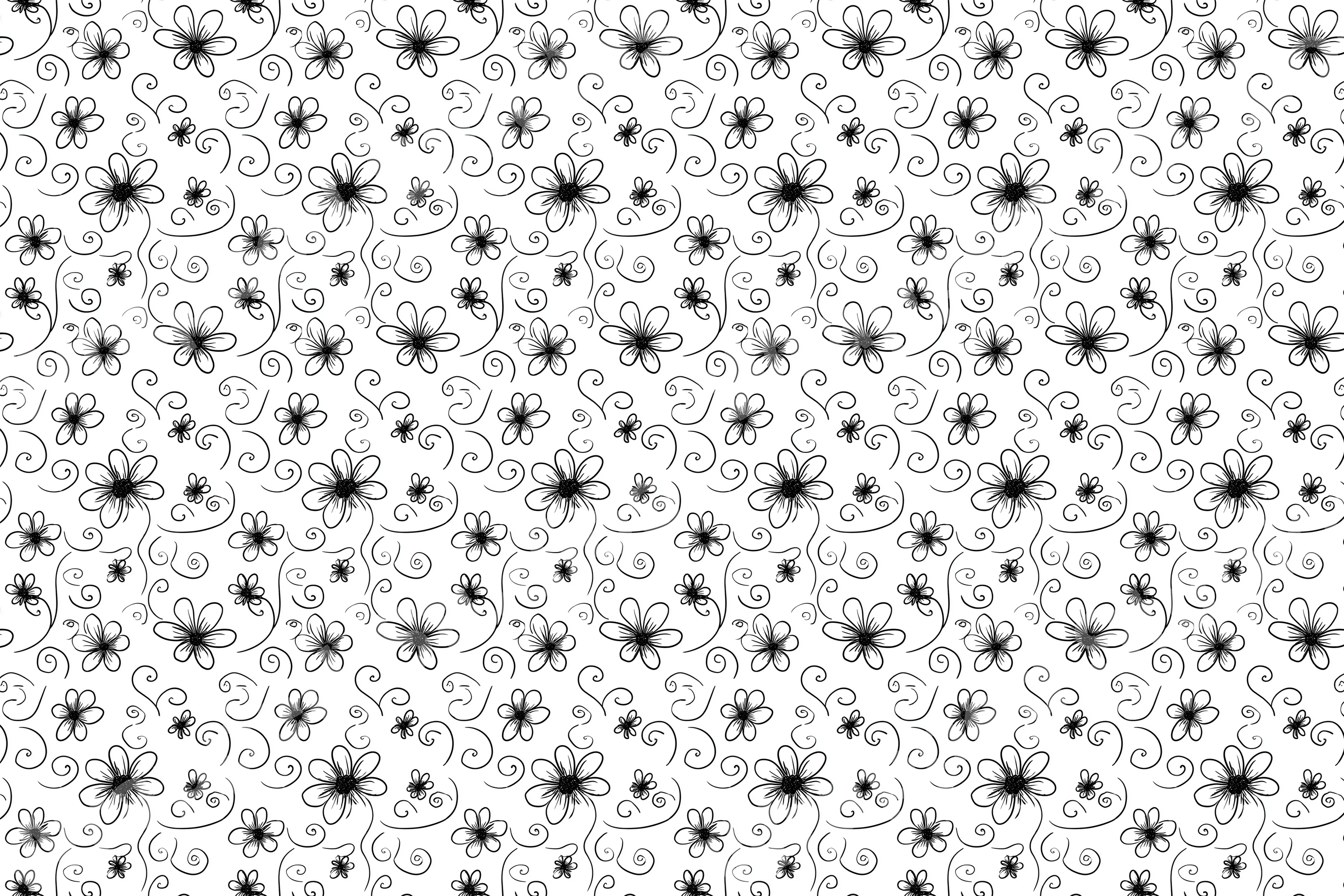Whimsical hand-drawn floral pattern with black outline flowers and swirling accents on a white background.