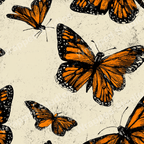 Seamless butterfly pattern with detailed monarch butterfly illustrations in orange and black on a cream background.