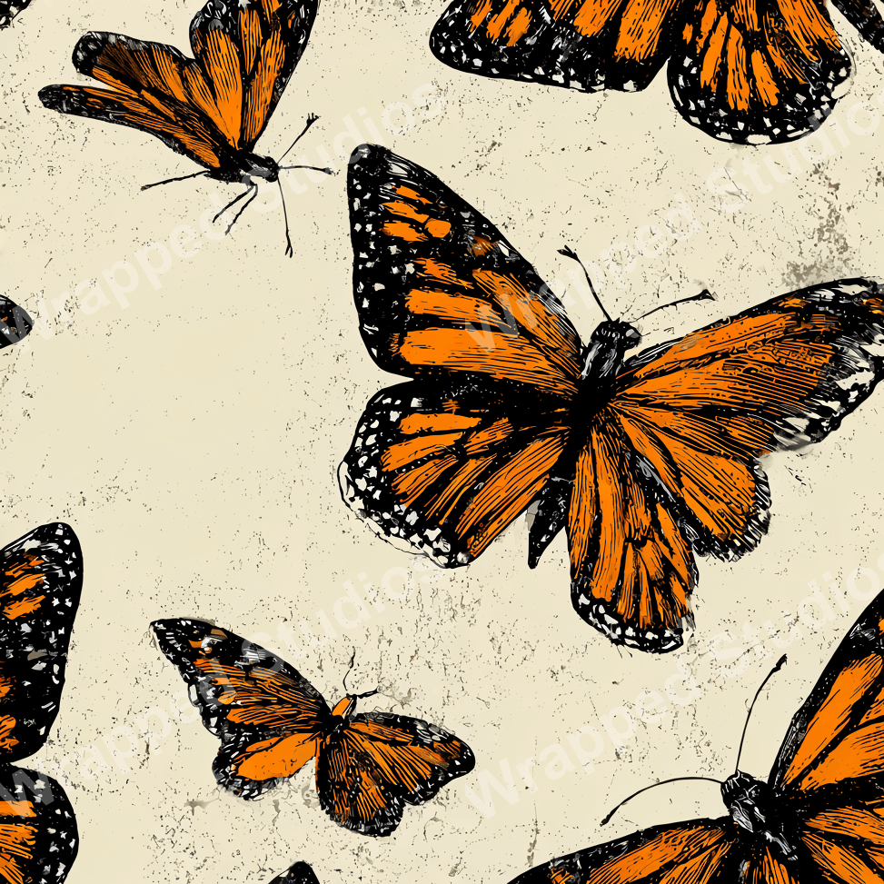 Seamless butterfly pattern with detailed monarch butterfly illustrations in orange and black on a cream background.