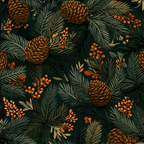 Vintage botanical pattern with pine cones, evergreen pine needles, and orange berries on a dark green background.