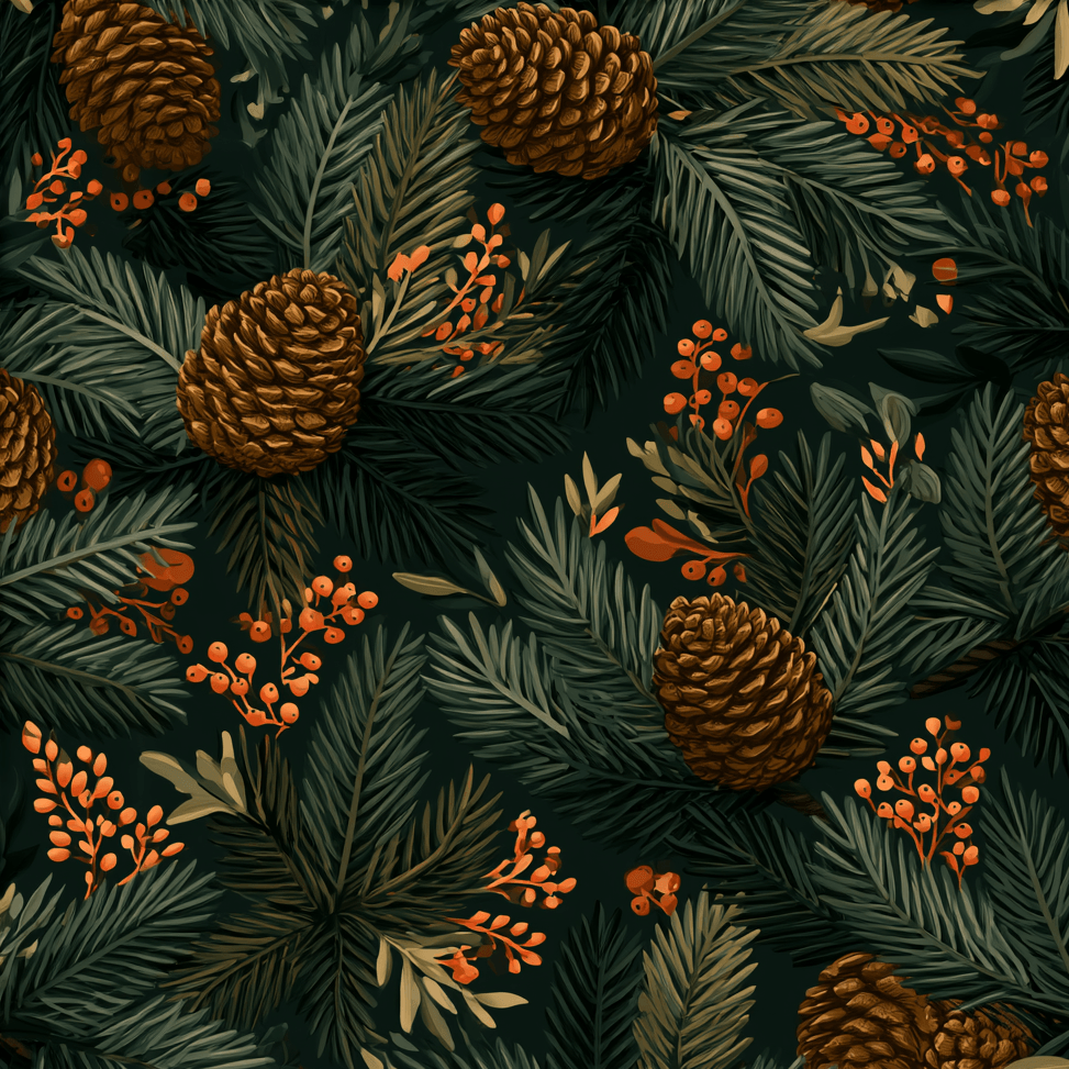 Vintage botanical pattern with pine cones, evergreen pine needles, and orange berries on a dark green background.