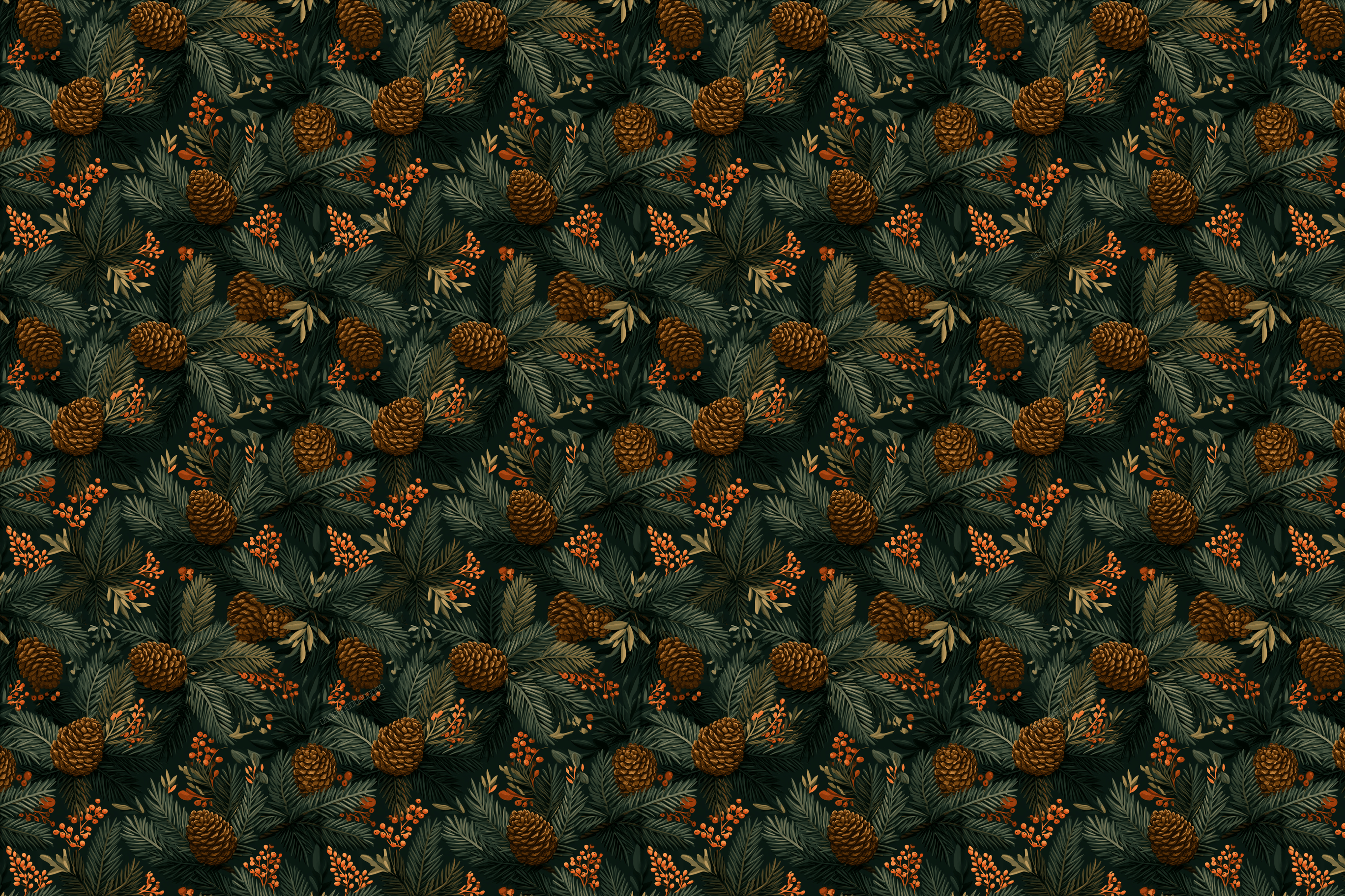 Vintage botanical pattern featuring pinecones and pine branches on a dark forest green background.