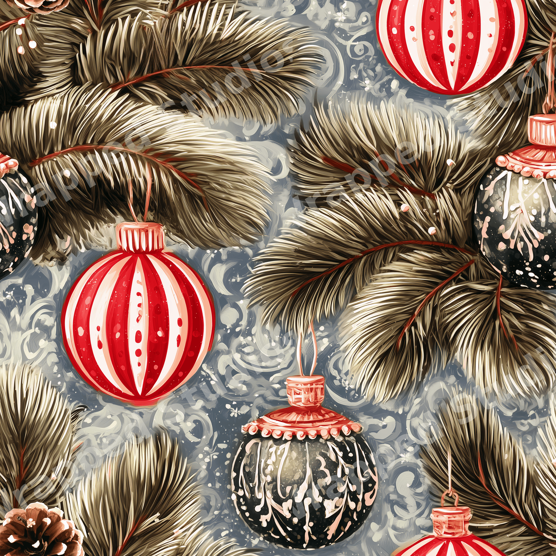 Vintage Christmas pattern with red striped ornaments, pine cones, and festive evergreen branches.