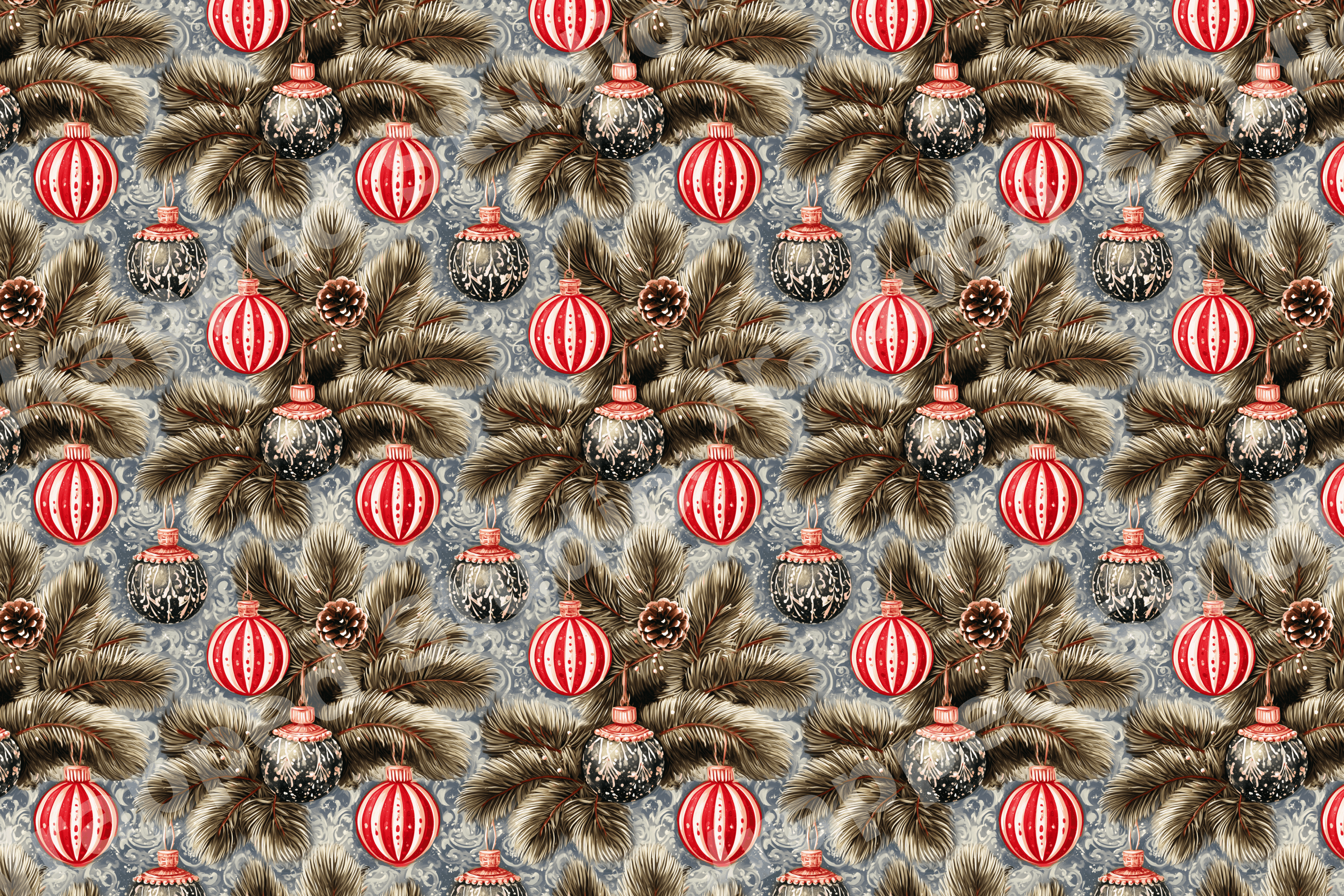 Vintage Christmas pattern featuring red and black ornaments on pine branches.